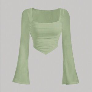 Green Asymmetrical Fitted Blouse with Bell Sleeves